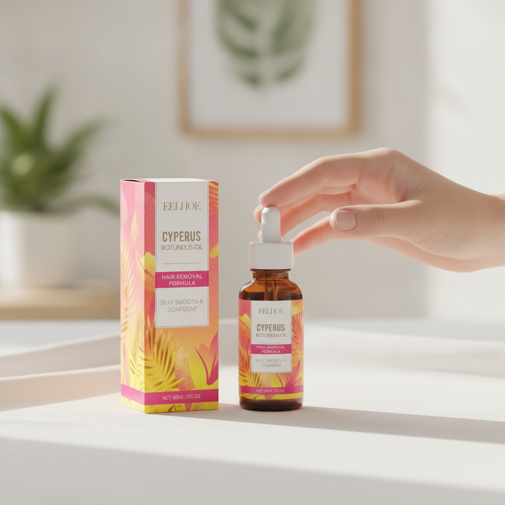 A bottle of BareRoot Hair Reduction Oil sits on a white linen sheet in a sunlit bathroom, with a hand reaching for it.