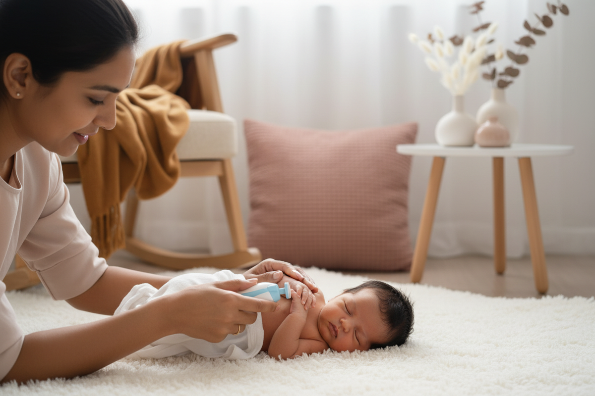 A parent gently trims their newborn's nails using a baby nail trimmer. The background features soft, warm brown and dusty ros