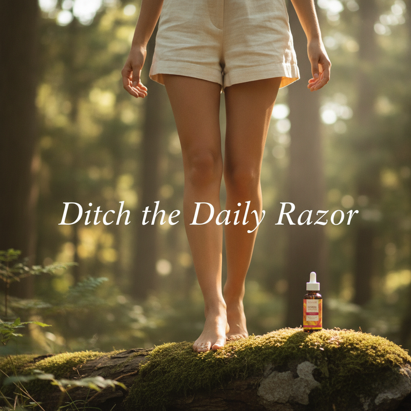 Woman with smooth legs walking through a sunny forest, BareRoot Hair Reduction Oil bottle in the background.