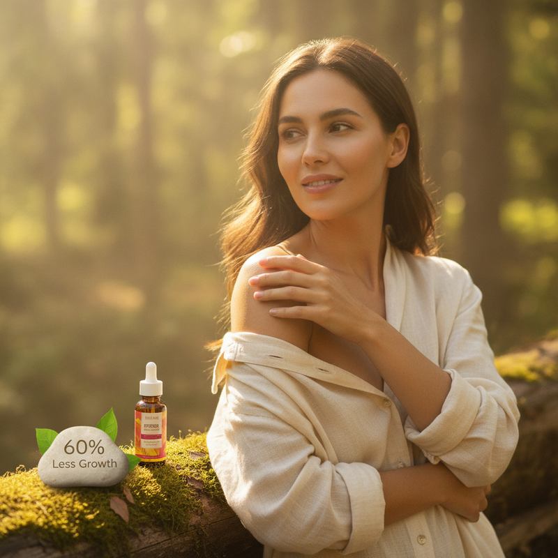 Close-up of a woman's smooth arm, glowing in sunlight, with a bottle of BareRoot Hair Reduction Oil nearby in an outdoor sett